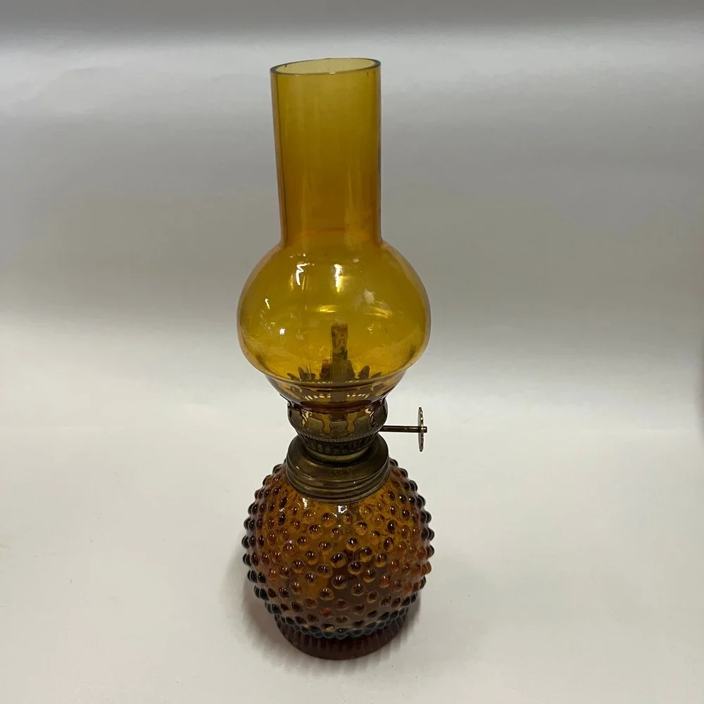 Vintage Amber Glass Hobnail Miniature Oil Lamp 8 1/4